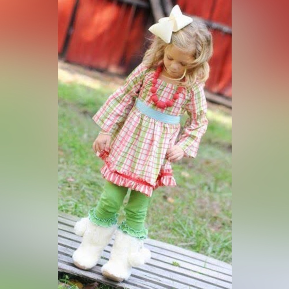 Matilda Jane Secret Fields pink green plaid with bow peasant top tunic 4T